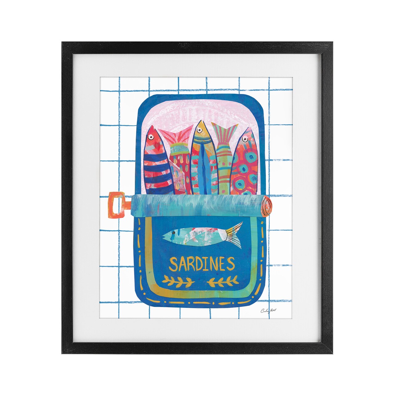 Stupell Industries Silly Sardines Blue Tin Framed Print Under Glass, design by Courtney Prahl